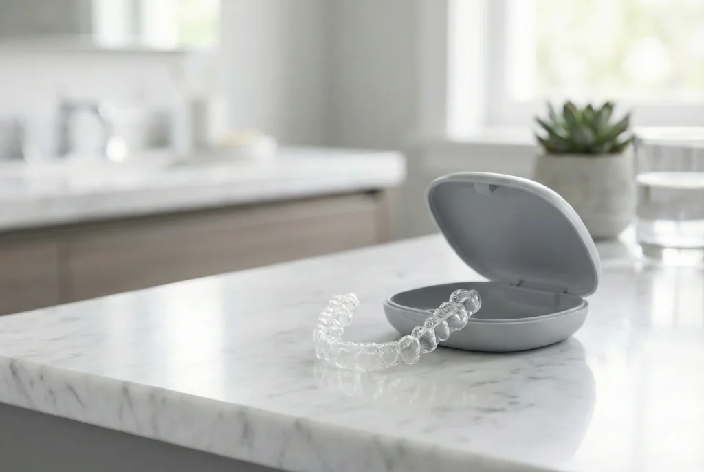 Clear dental aligners and a grey case resting on a white marble countertop in a luxury bathroom.