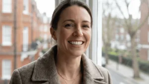 A woman smiling confidently with bright white, perfectly aligned composite bonding.